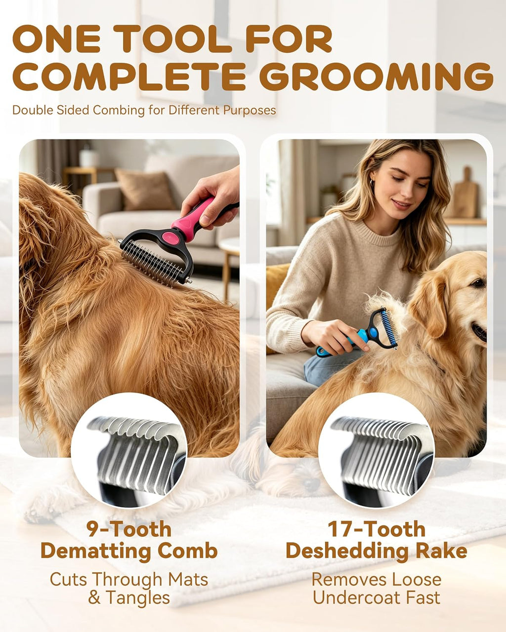 Demonstration of pet grooming tool on dog with thick coat