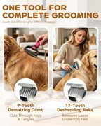 Demonstration of pet grooming tool on dog with thick coat