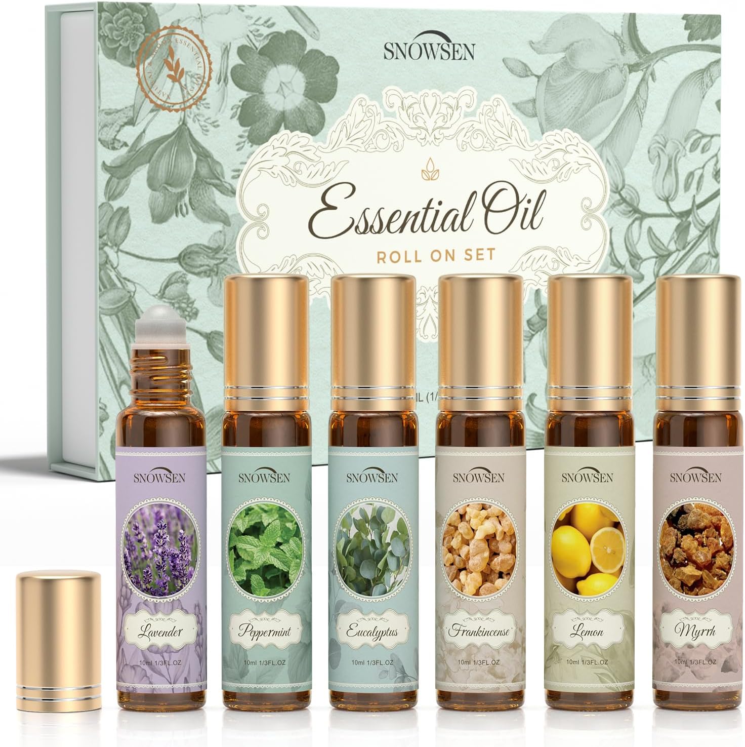 Snowsen Essential Oils Roll On Set front view featuring six aromatherapy bottles.