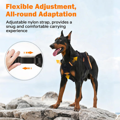 Moysoon lightweight pet hiking pack showcasing the built-in poop bag dispenser convenience feature