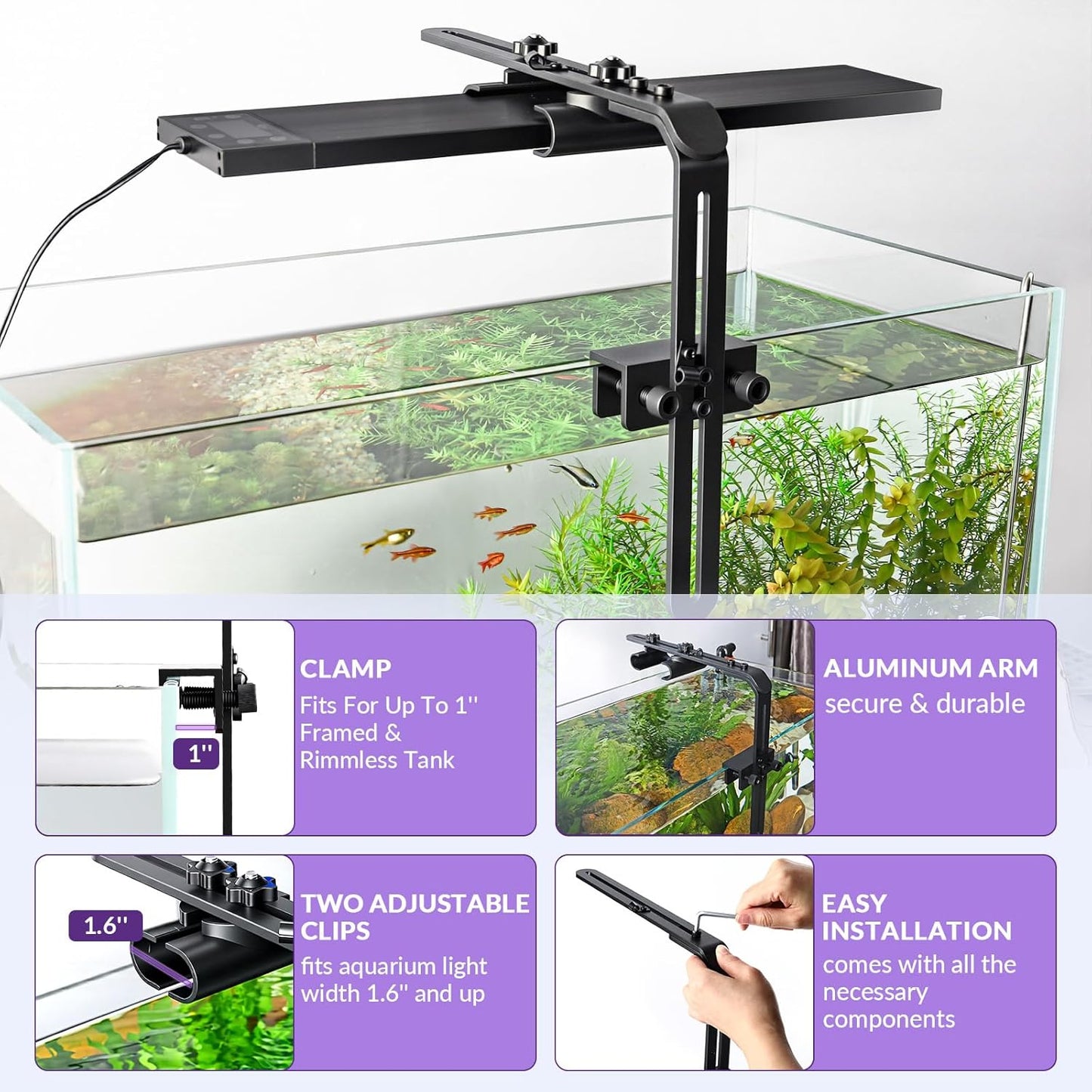Hygger universal light stand showing adjustable plastic clips for long aquarium lights