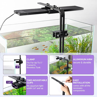 Hygger universal light stand showing adjustable plastic clips for long aquarium lights