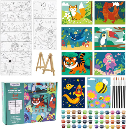 Goldentime predrawn canvas painting kit front view showcasing all eight preprinted cartoon canvas boards for kids