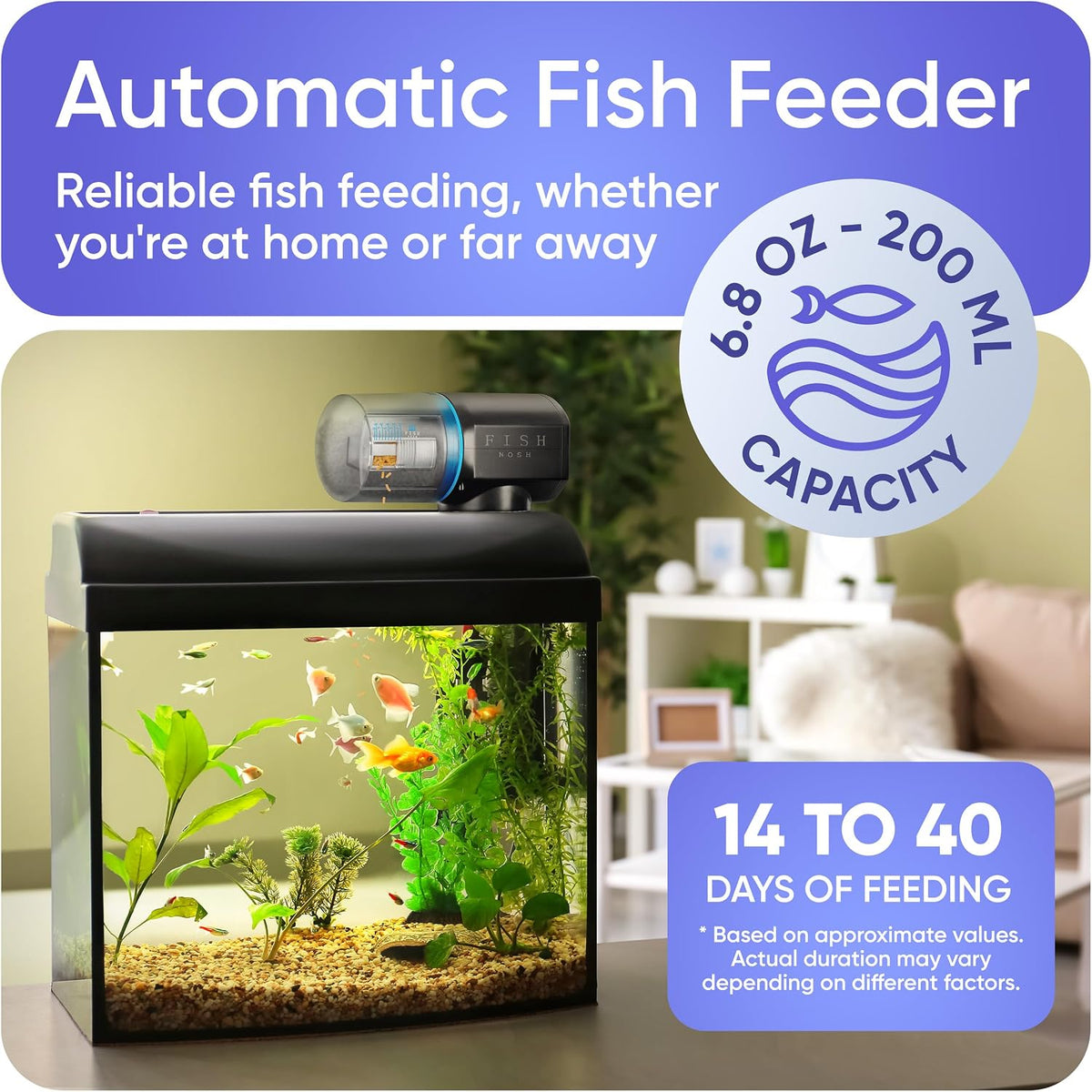 FISHNOSH programmable timer display on the automatic food dispenser.