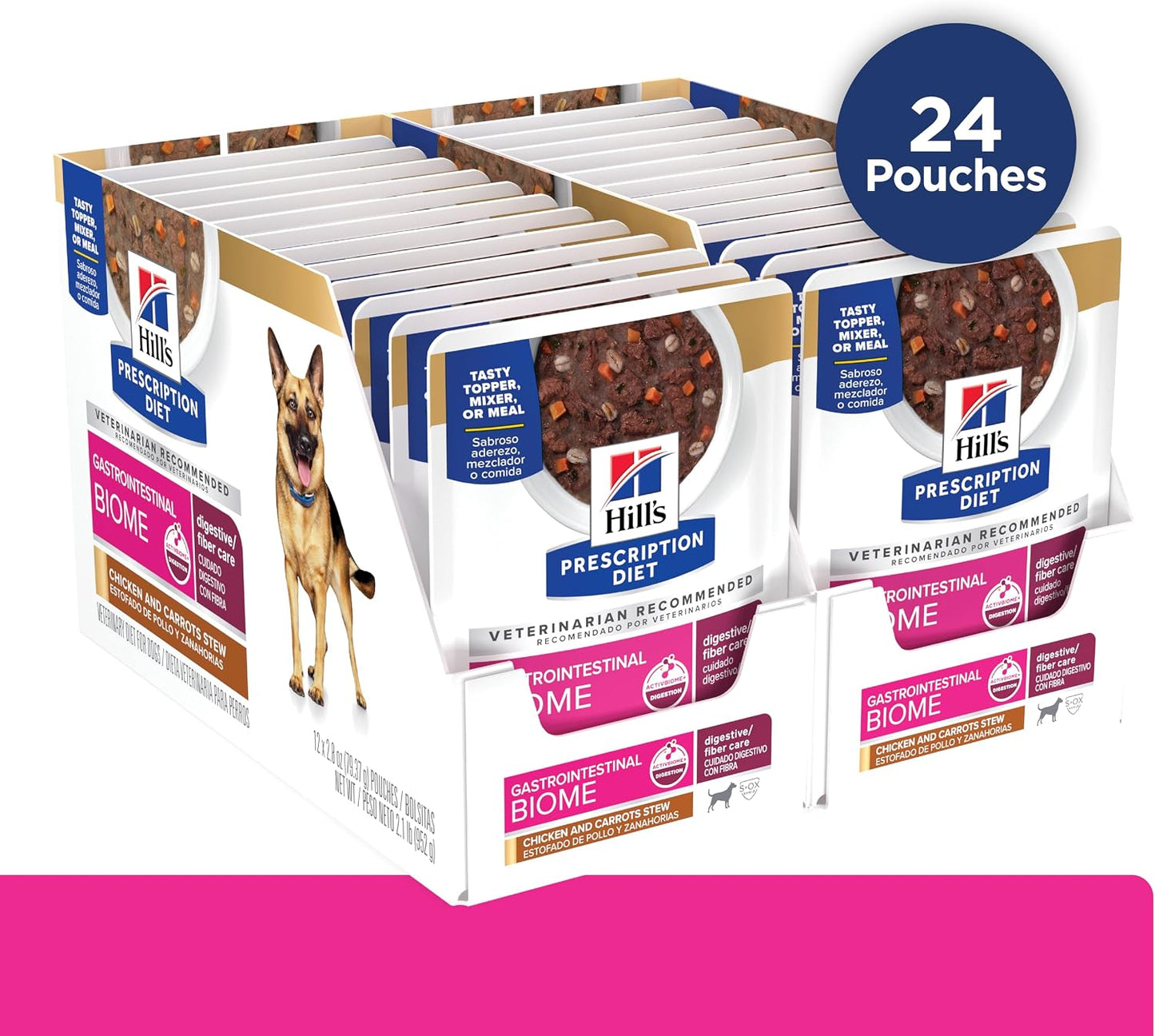 Adult dog eating Hill's Prescription Diet digestive care wet food stew from a bowl