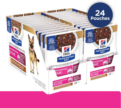 Adult dog eating Hill's Prescription Diet digestive care wet food stew from a bowl