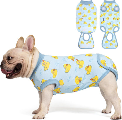 Cyeollo dog recovery suit front view featuring blue fabric with cartoon yellow ducks on a small breed dog