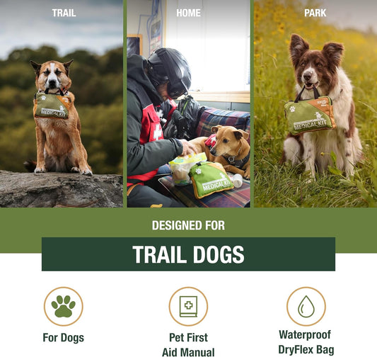 Adventure Medical Kits dog safety kit opened to display the internal twenty-six piece medical components and bandages.