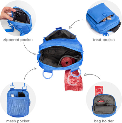 Ubbi premium pet training bag displaying the three way adjustable crossbody and waist strap options