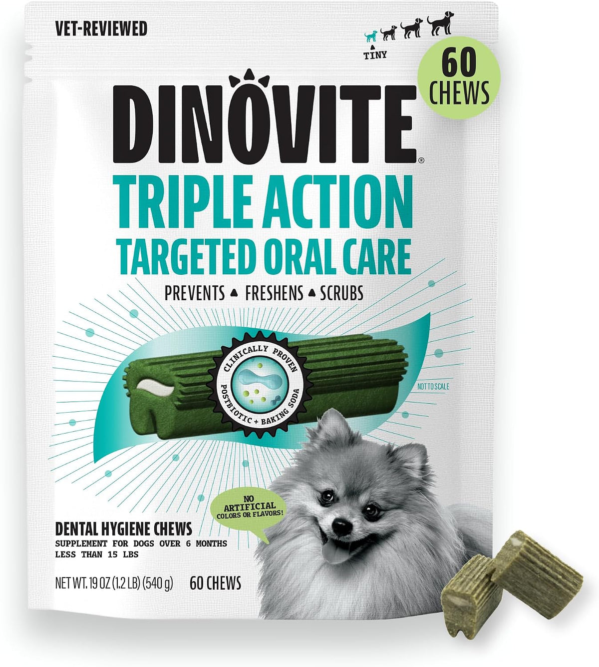 Dinovite Dental Chews for Dogs, Triple Action Dental Dog Treats for Small Breeds, Clinically Proven to Prevent Plaque & Tartar While Freshening Breath, Fresh Mint Flavor, Made in USA, 30 Count - Image 14