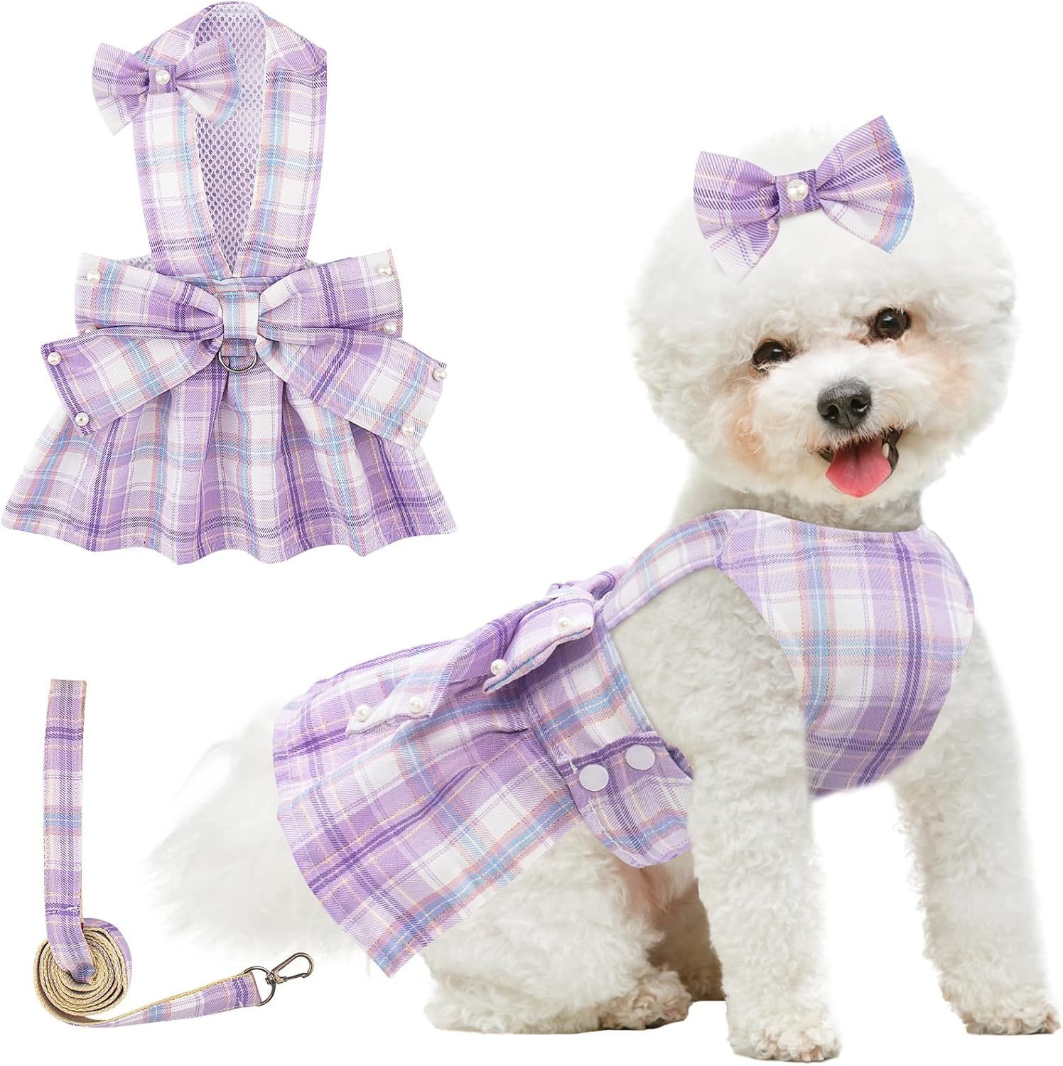 Coppthinktu Plaid Dog Dresses for Small Dogs Girl Bowknot Harness Leash Set, Cute Small Dog Dress Harness Cat Clothes Female with Pearl Bow Hair Clip, Summer Puppy Dress Yorkies Chihuahua Outfits - Image 10