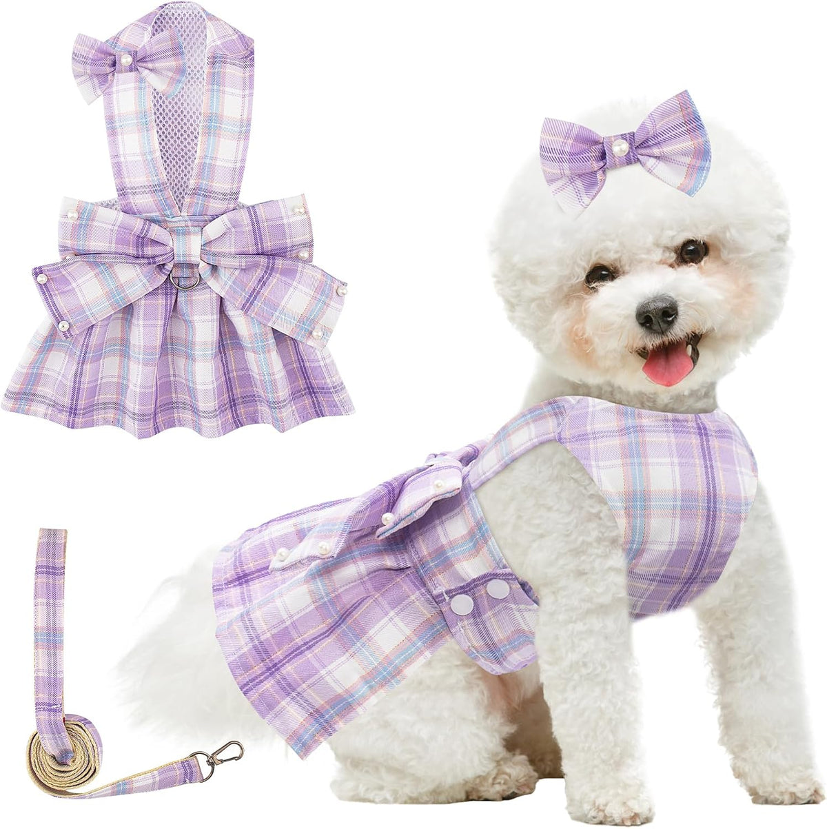 Coppthinktu Plaid Dog Dresses for Small Dogs Girl Bowknot Harness Leash Set, Cute Small Dog Dress Harness Cat Clothes Female with Pearl Bow Hair Clip, Summer Puppy Dress Yorkies Chihuahua Outfits - Image 10