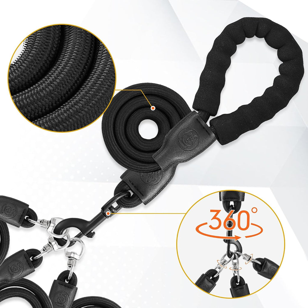 Modular multi-dog leash system displaying detachable ropes for up to three dogs.