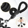 Modular multi-dog leash system displaying detachable ropes for up to three dogs.