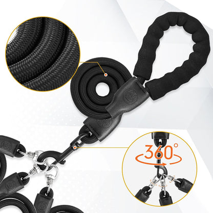 Modular multi-dog leash system displaying detachable ropes for up to three dogs.