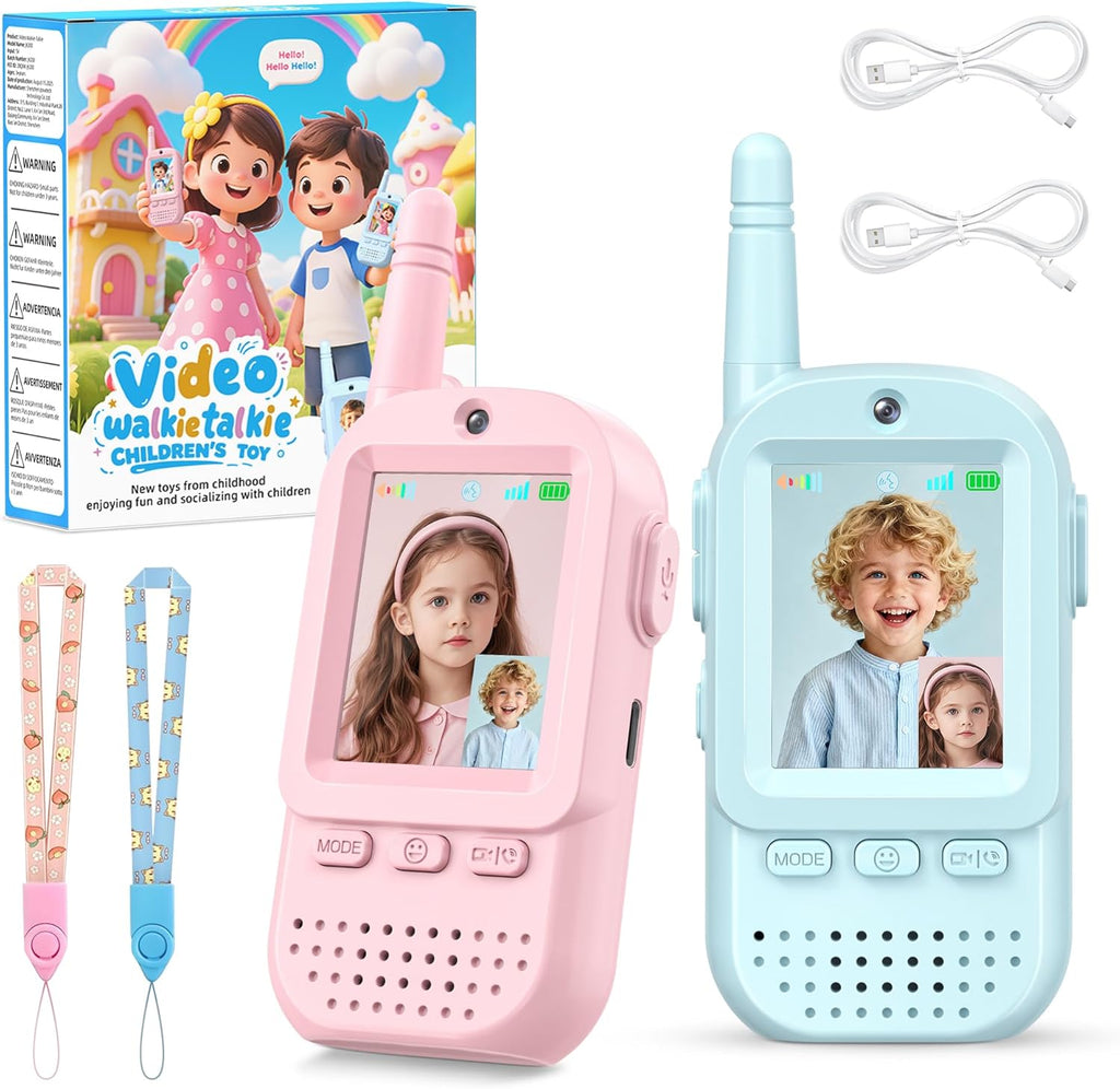 Trigowalt video walkie talkies for kids front view showcasing the blue and pink two pack interactive intercom toys.