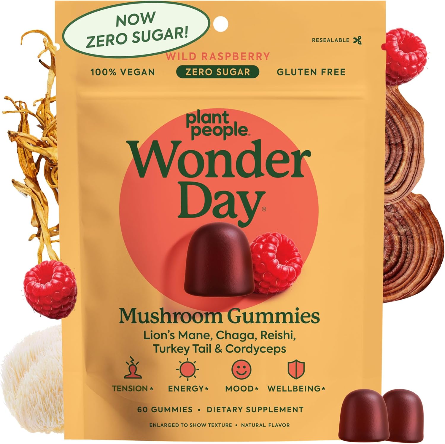 Plant People WonderDay Mushroom Gummies front view packaging for daily immune and energy support