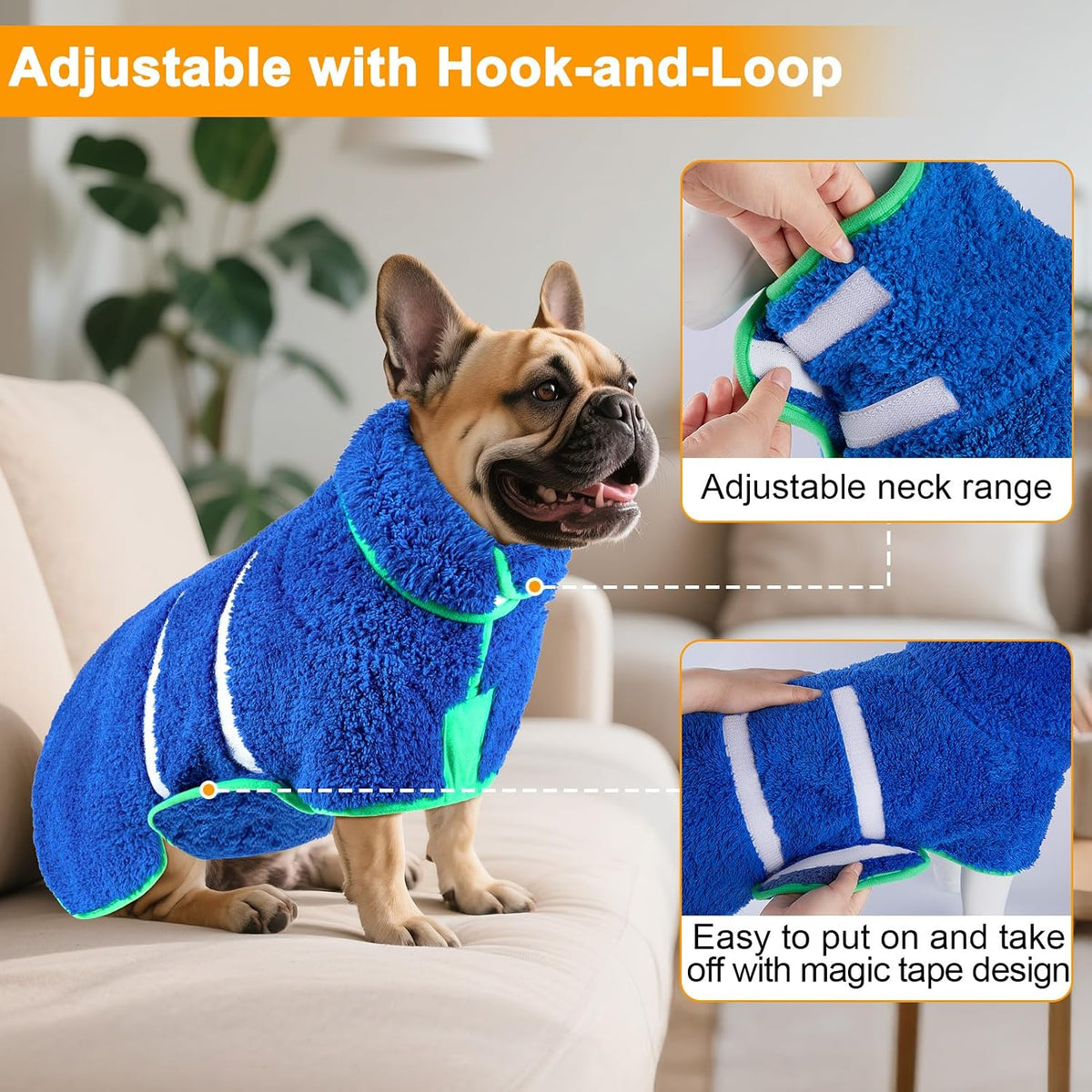 Side profile of pet in quick drying dog towel coat