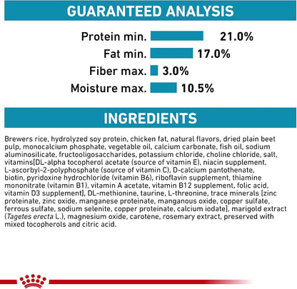 Royal Canin Hydrolyzed Protein Puppy kibble bag showing developmental support and ingredients list