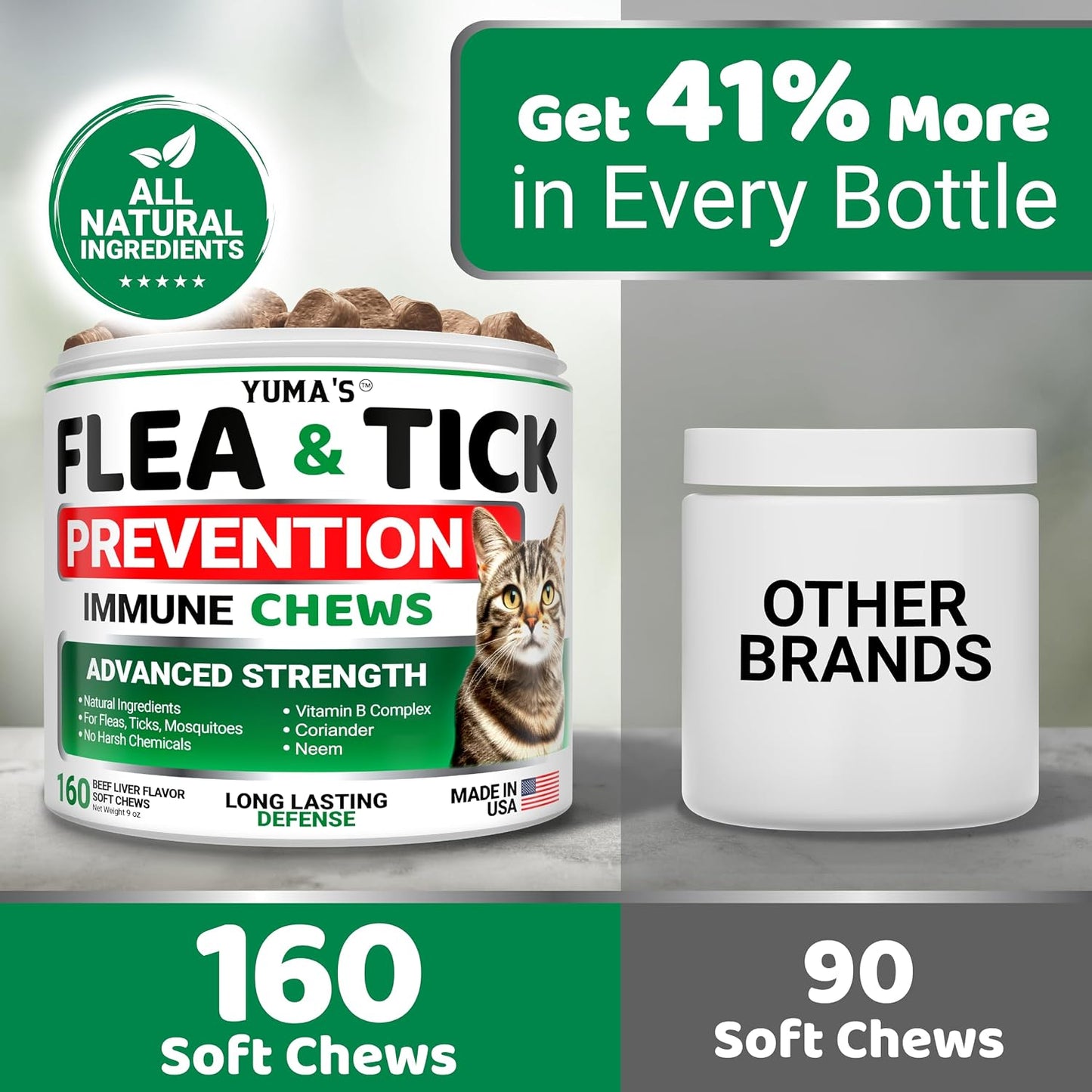 Side view of YUMA'S pet supplement packaging highlighting Vitamin B and coriander benefits.