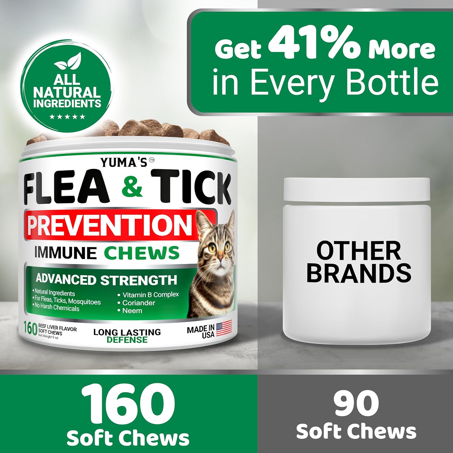 Side view of YUMA'S pet supplement packaging highlighting Vitamin B and coriander benefits.