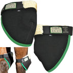 Intrepid International Click Horse Hock Shield front view showing black neoprene exterior with green trim.