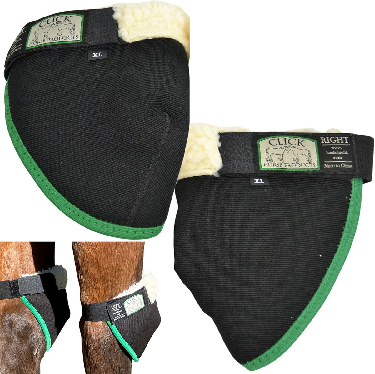 Intrepid International Click Horse Hock Shield front view showing black neoprene exterior with green trim.