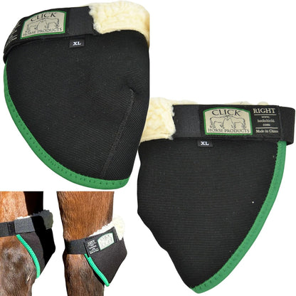 Intrepid International Click Horse Hock Shield front view showing black neoprene exterior with green trim.