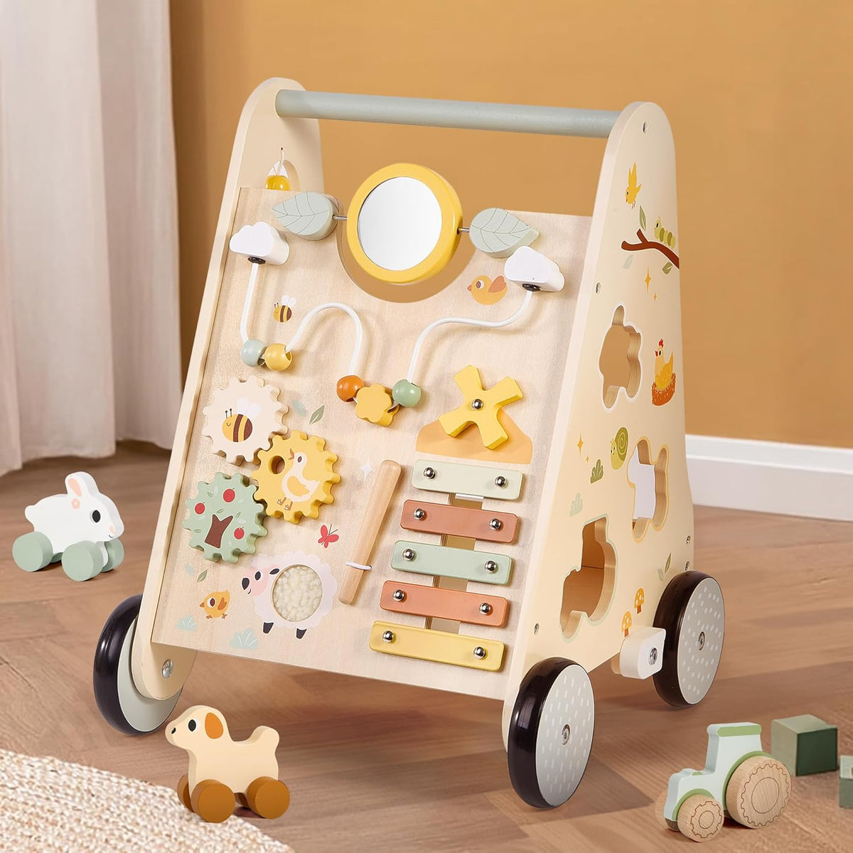 Pithfor wooden baby push walker front view with activity center