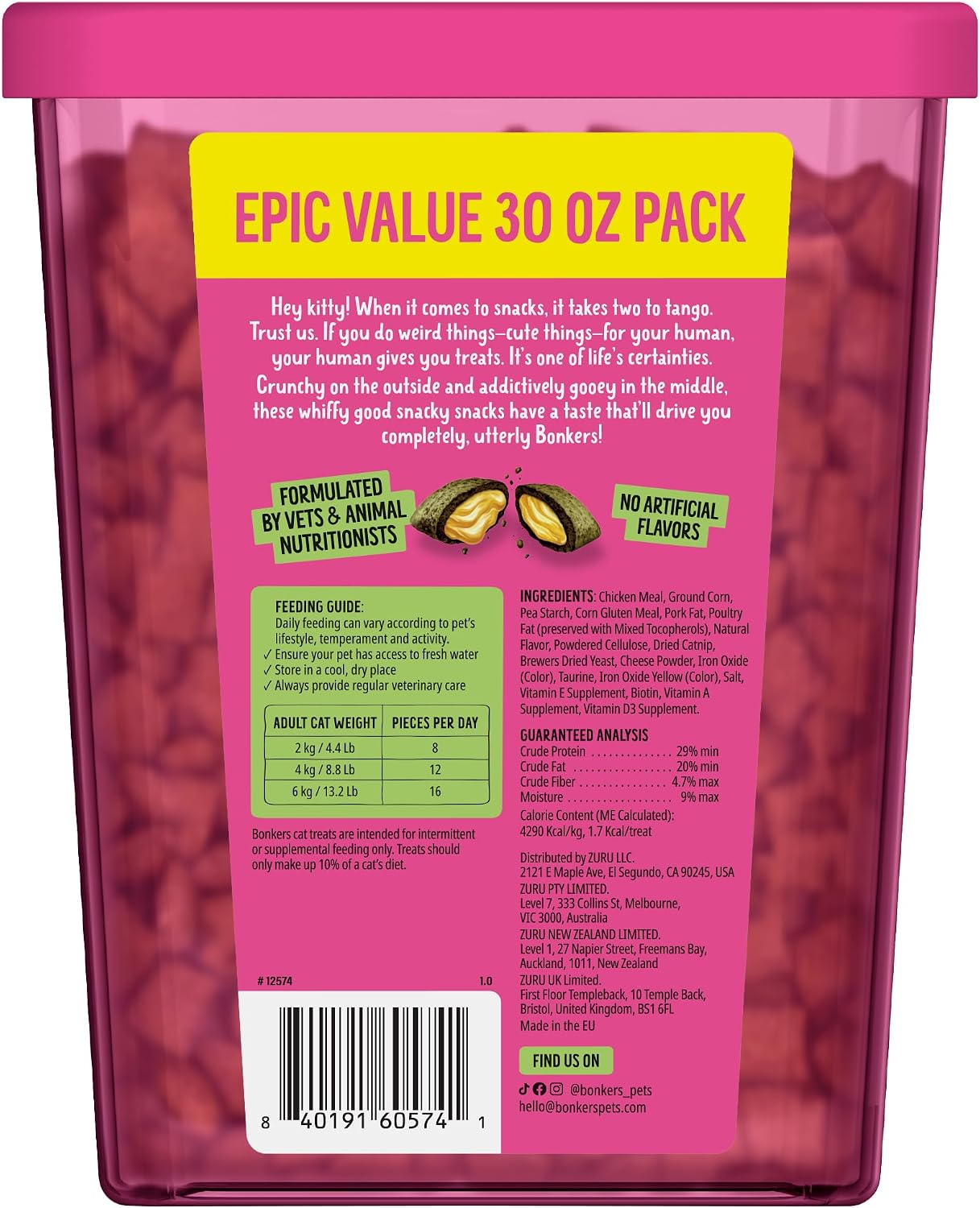 Bonkers dual textured grain free cat treats showing crunchy outer shell and soft gooey center