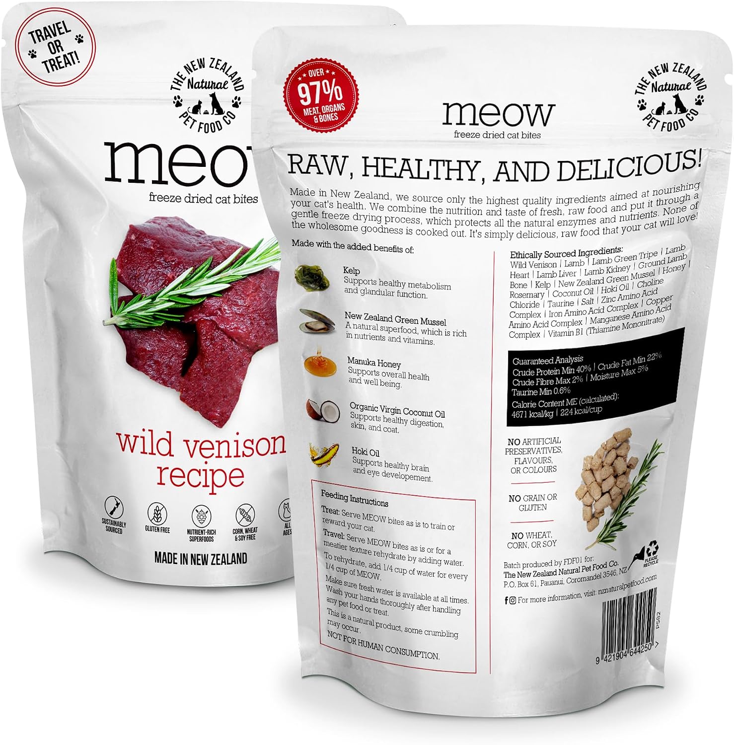 Meow freeze dried raw cat treats wild venison recipe packaging displaying high protein benefits