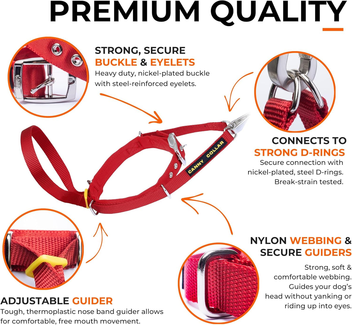 Gentle control pet headcollar with nickel plated steel buckle and D rings.