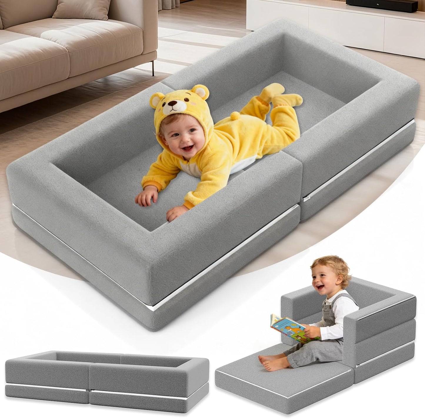 Abdtech portable toddler travel bed front view showing grey crystal velvet folding floor mattress