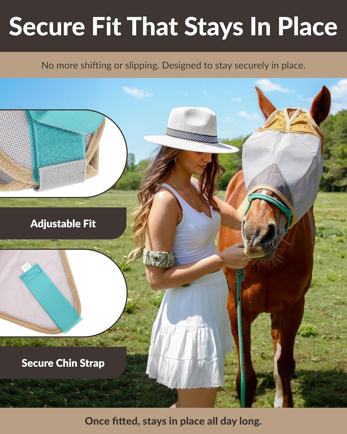 Detailed view of soft fleece padding on horse fly mask