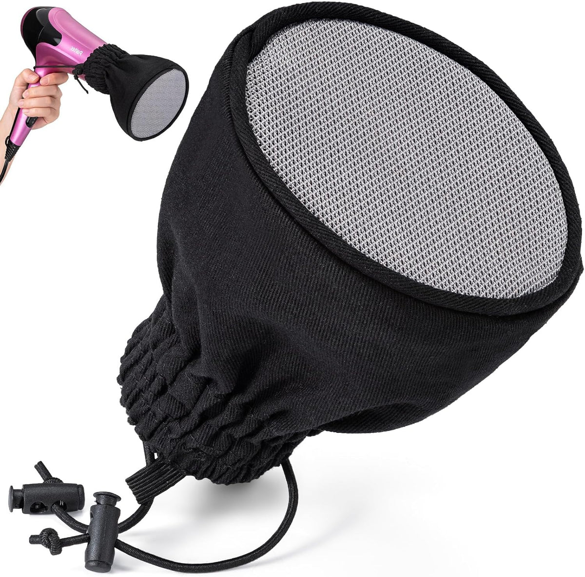 Noverlife hair dryer diffuser sock front view attached to a styling tool for curly hair care