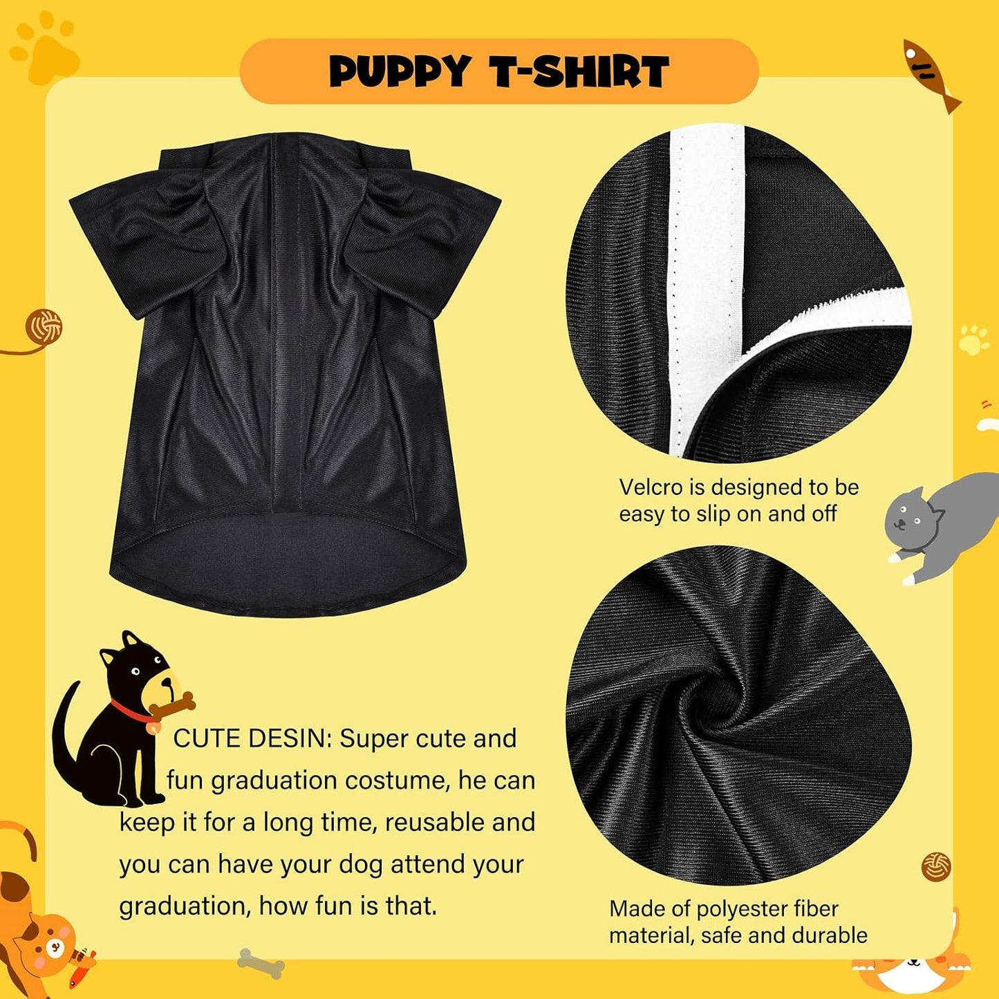 Black pet graduation shirt with gold tassel mortarboard hat accessory