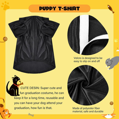 Black pet graduation shirt with gold tassel mortarboard hat accessory