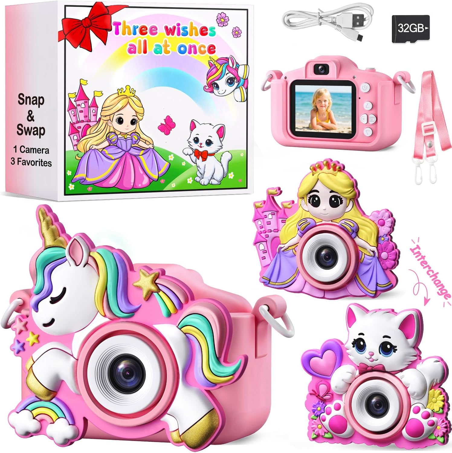 Fellowean kids digital selfie camera front view in pink showing the clear screen display