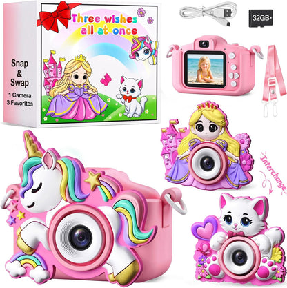Fellowean kids digital selfie camera front view in pink showing the clear screen display