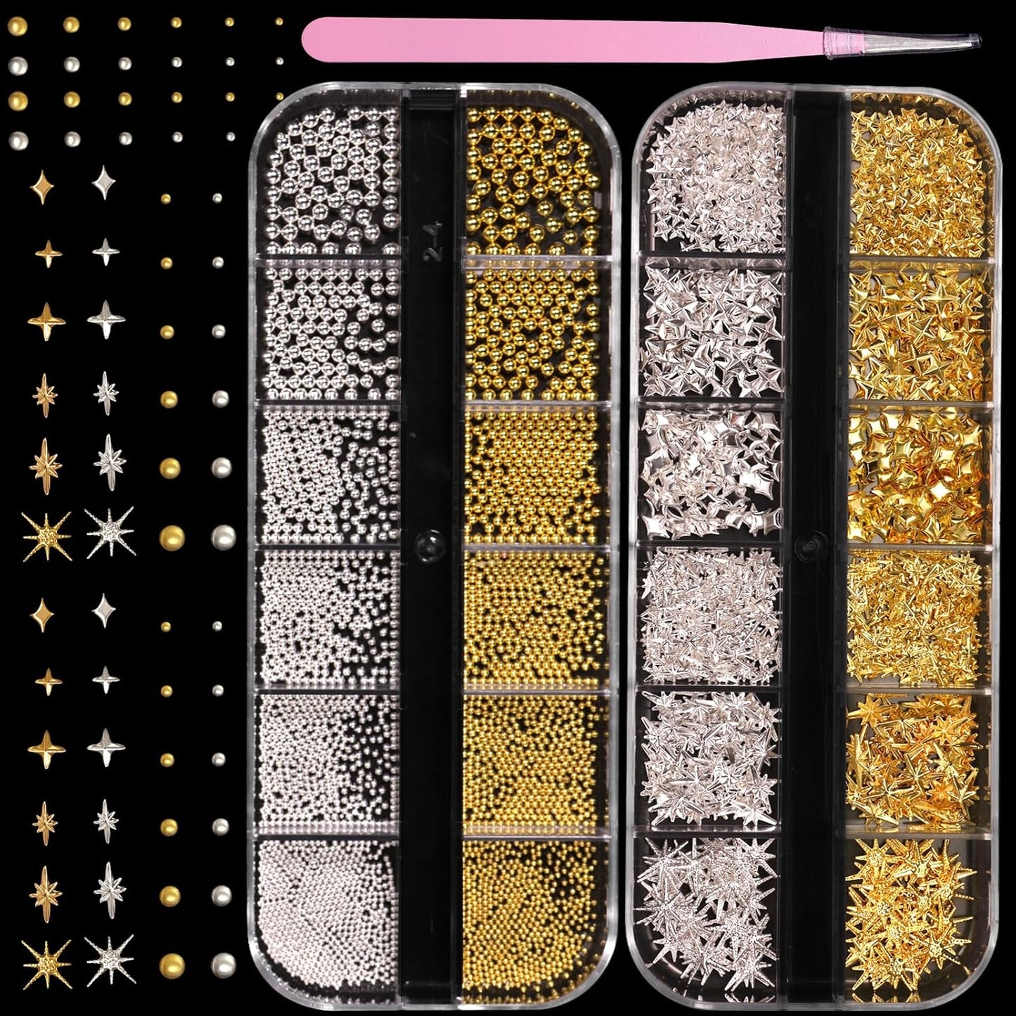 Cesusme 3D silver and gold caviar beads and star charms front view
