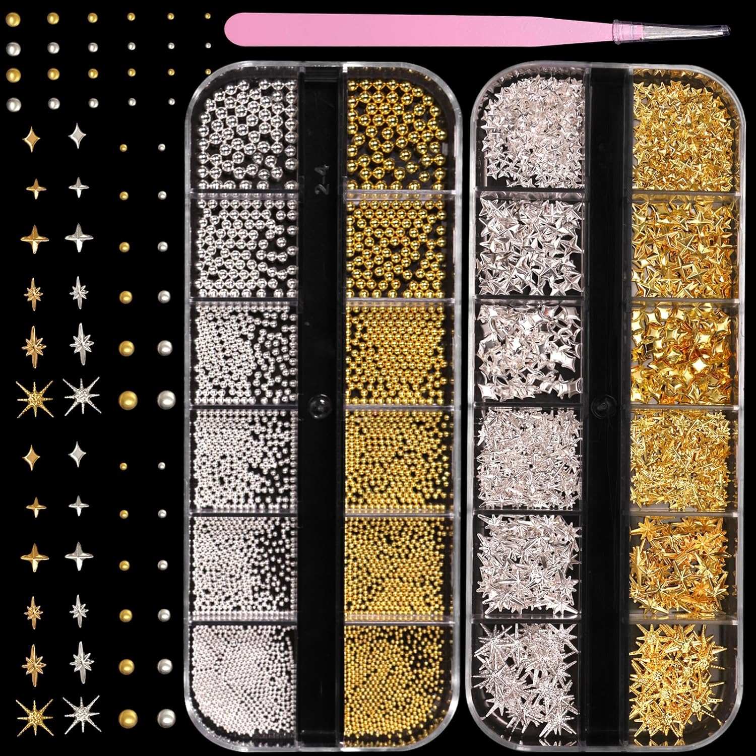 Cesusme 3D silver and gold caviar beads and star charms front view