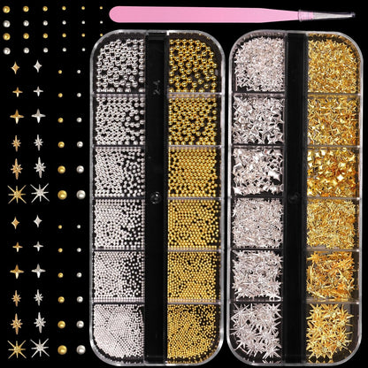 Cesusme 3D silver and gold caviar beads and star charms front view