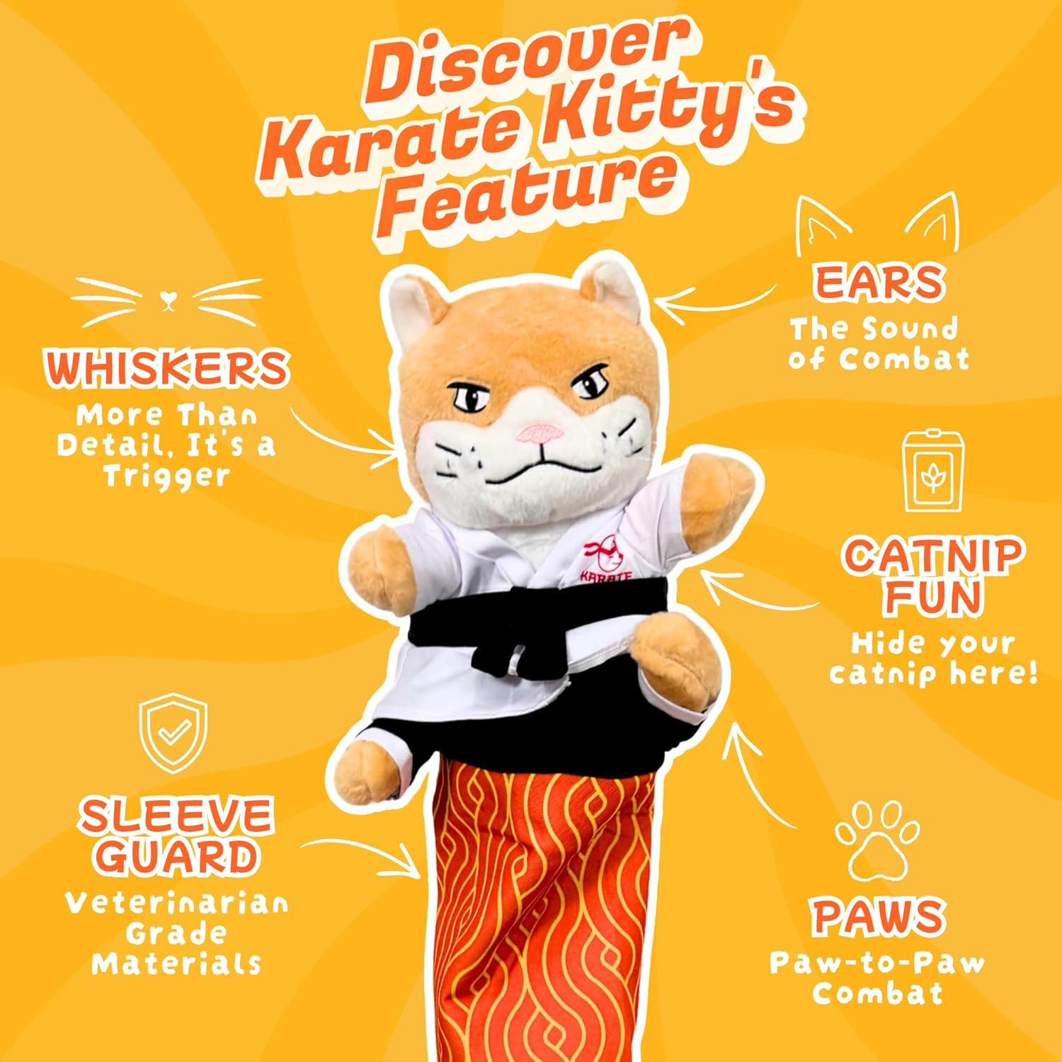 Wearable cat boxing puppet showing the protective flame pattern arm sleeve.