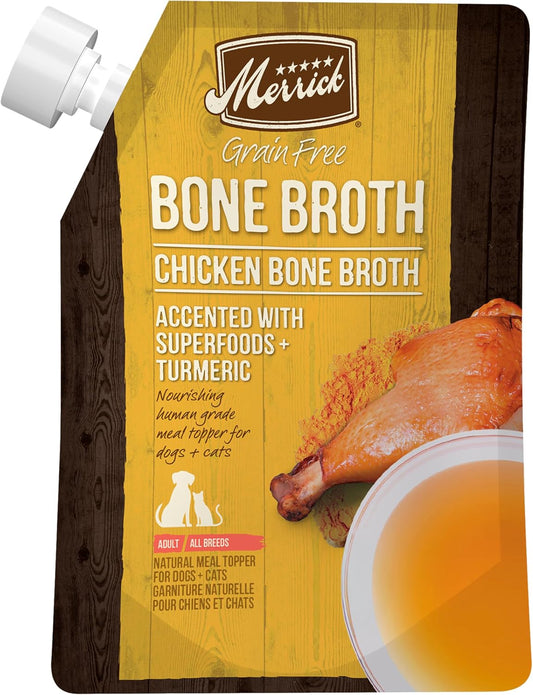 Close up of Merrick premium human grade chicken bone broth packaging