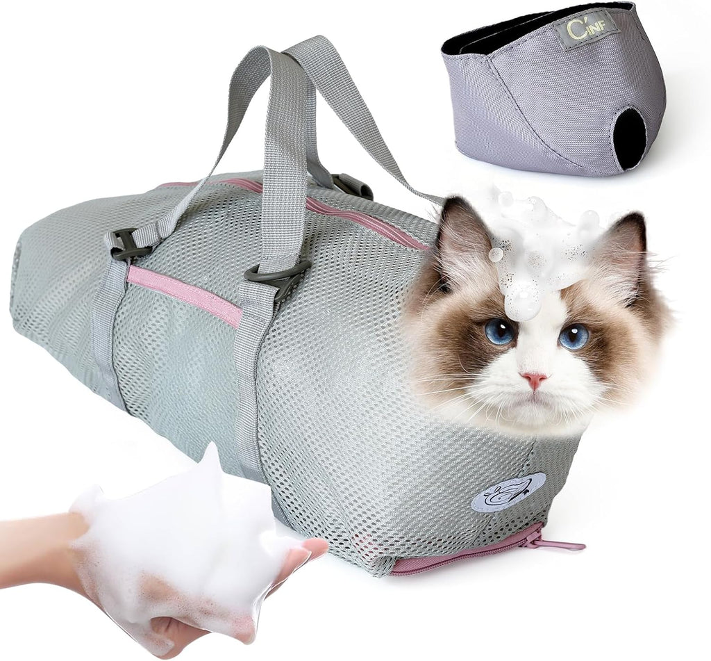Cinf Cat Bathing Bag(Free Muzzle) Breathable Mesh Anti Scratch Adjustable Cat Grooming Bag for Nail Trimming, Bathing Soft Cat Washing Bag(Light Blue) M - Image 13