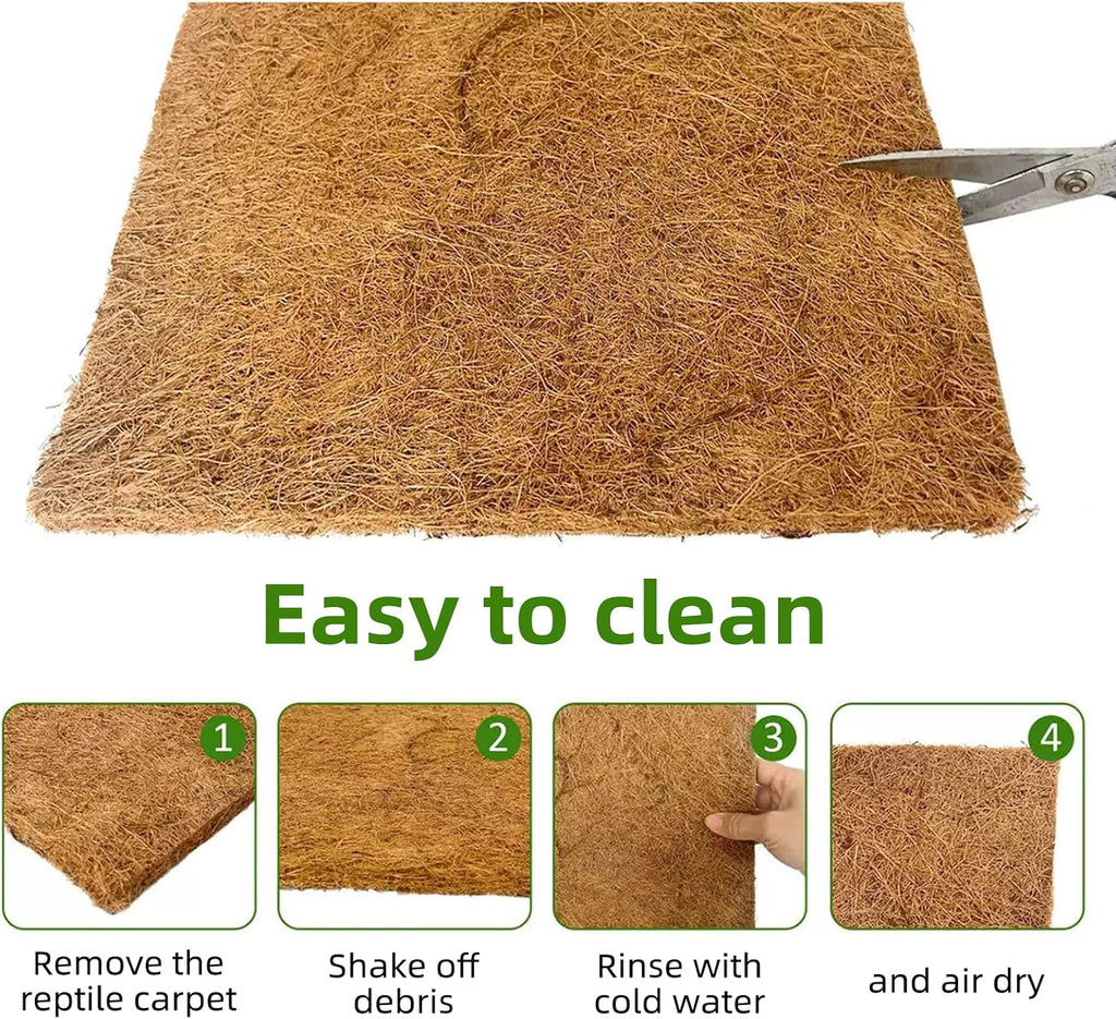 Biodegradable coconut fiber bedding mat being used as a comfortable floor substrate for a lizard