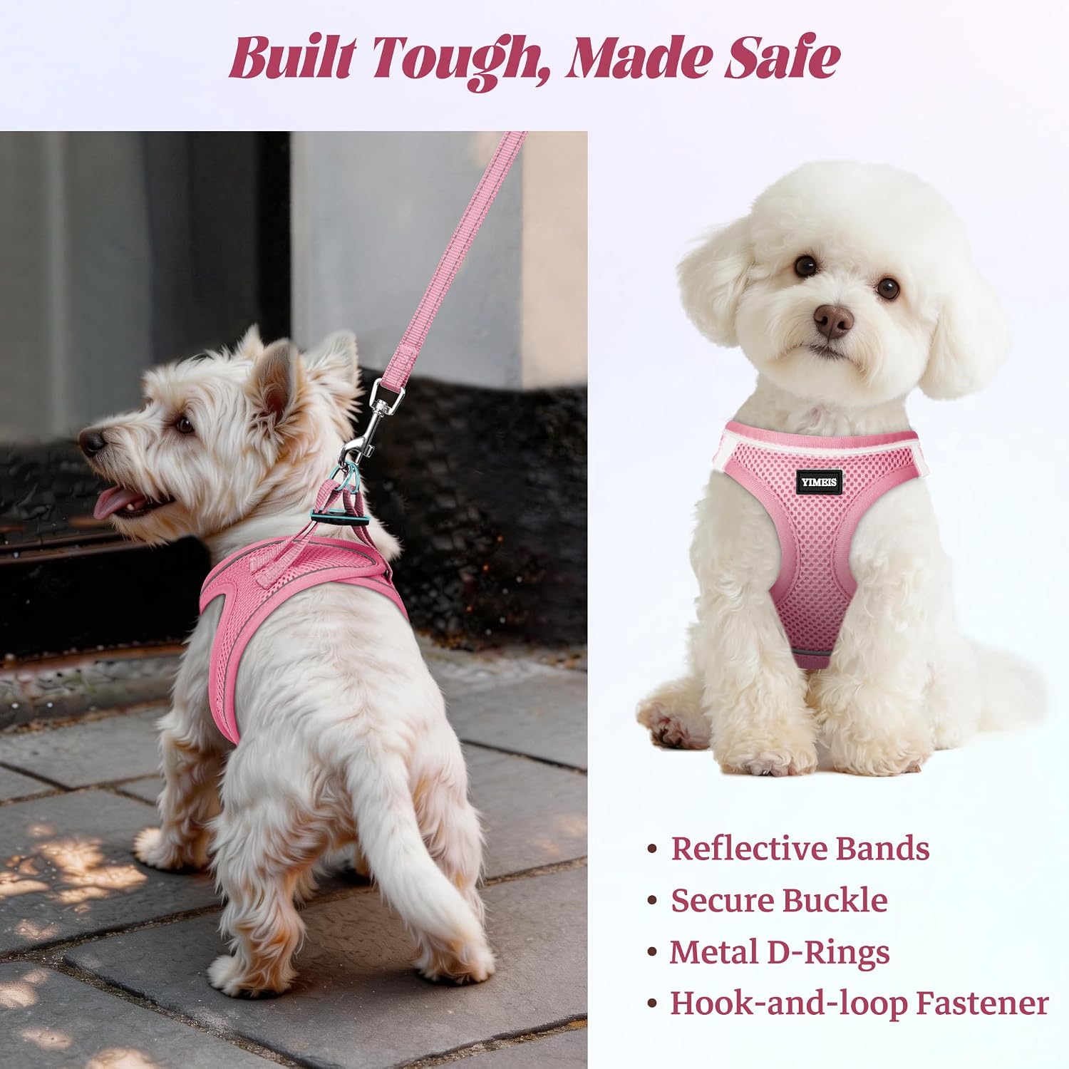 Reflective detail on yimeis pet harness at night