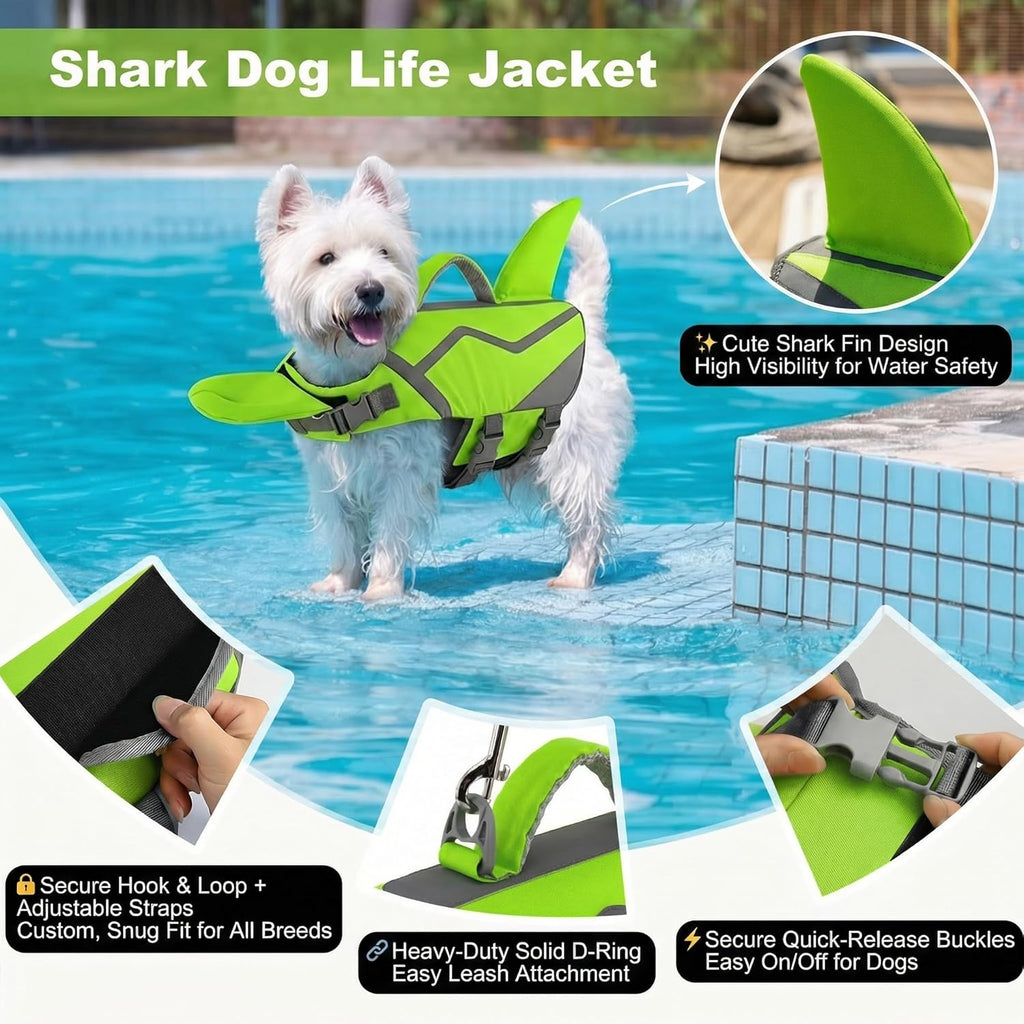 Medium size Doglay shark pet life jacket featuring secure quick-release belly buckles.