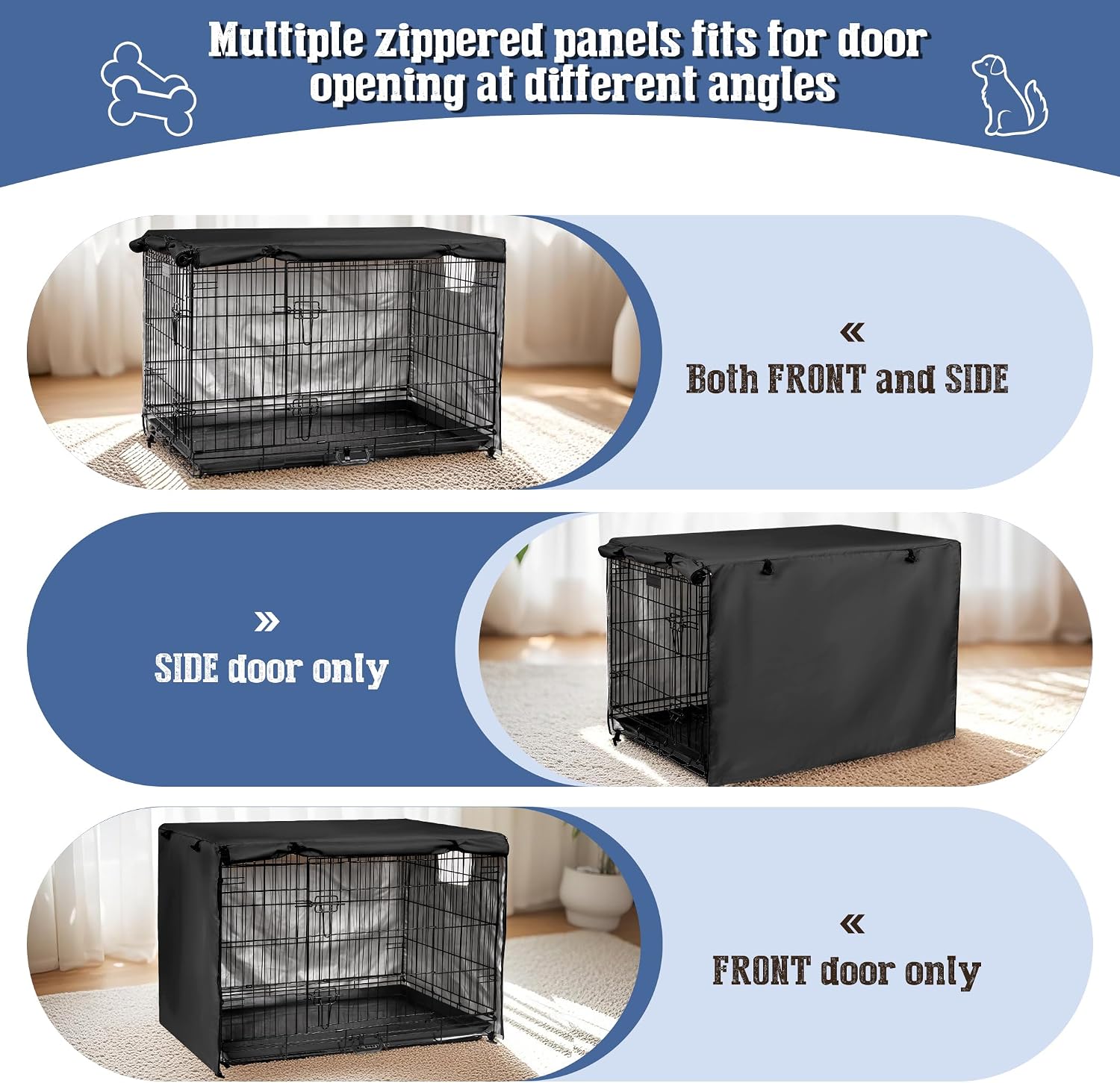Kefit kennel cover for dog cage showing rolled up side door with zipper