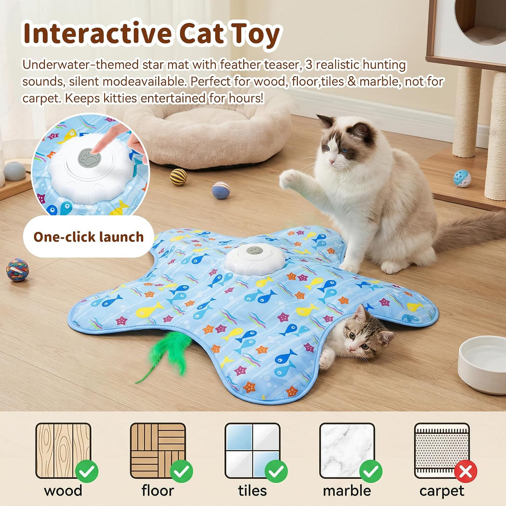 MAXTOOA blue hide and seek cat toy with the USB charging cable connected.